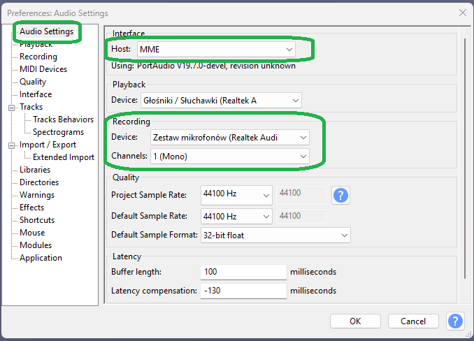 Audacity audio setup showing local external microphone selection