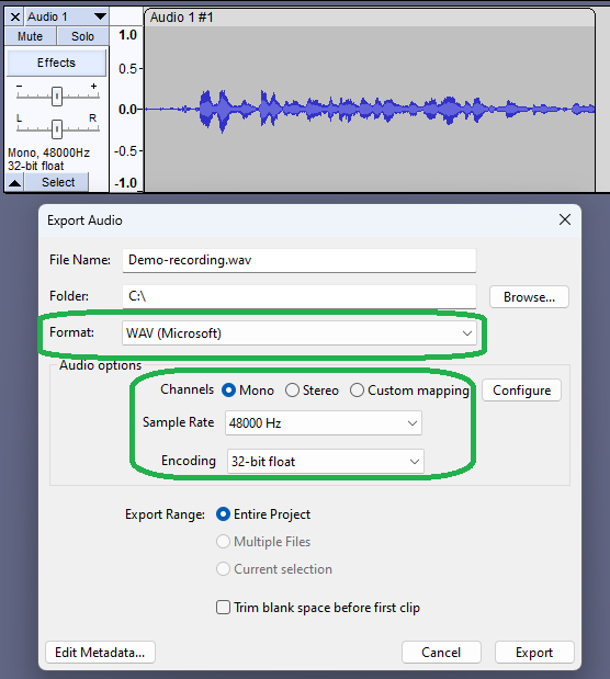 Audacity export dialog set to 32-bit 48000 Hz WAV