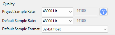 Audacity project rate set to 48,000 Hz and 32-bit float